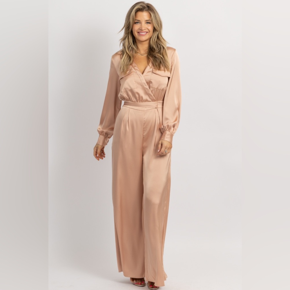 Nude satin long sleeve wide leg jumpsuit